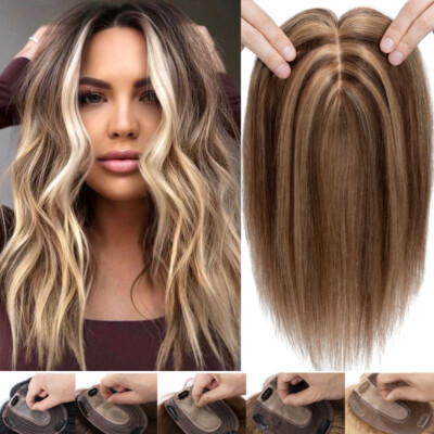 Topper Toupee Hairpiece Real 100% Remy Human Hair Silk Base Top Thin Hair Piece