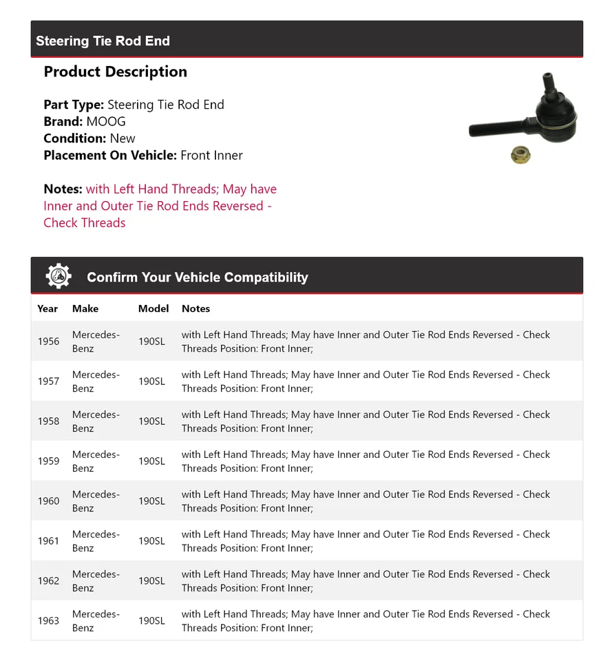 Para Mercedes-Benz 190SL 1956-1963 extremo de barra de dirección interior delantero MOOG 1956 Foto 2 de 4