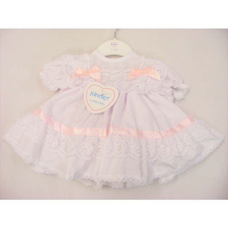 Baby Girls Traditional Romany White Frilly Lace & Pink Bows Dress