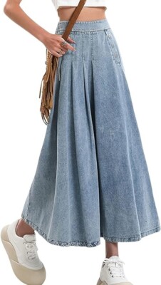 Women Pleated Denim Skirt Long Jean Skirt Flowy Elastic Waist