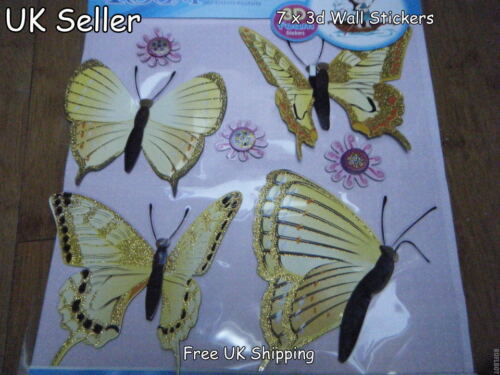 3D BUTTERFLY CHILDS BEDROOM NOVELTY REMOVEABLE STICKERS 7 PER PACK ROOM DECOR UK - Picture 1 of 6
