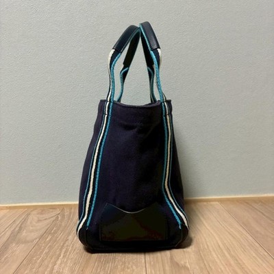 バッグ Anya Hindmarch Navy Ribbon Logo Bag Anya Hindmarch Navy Ribbon Logo Canvas Leather Tote Bag, Excellent