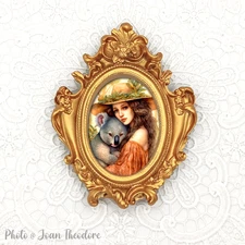 Pretty Woman with Koala Bear Mini Art Print in  Gold Vintage Style Ornate Frame