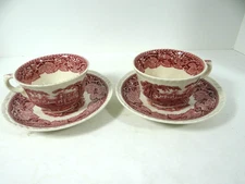 Mason's Vista Red Pink Transferware Cups Saucers Set of 2 England Crazing