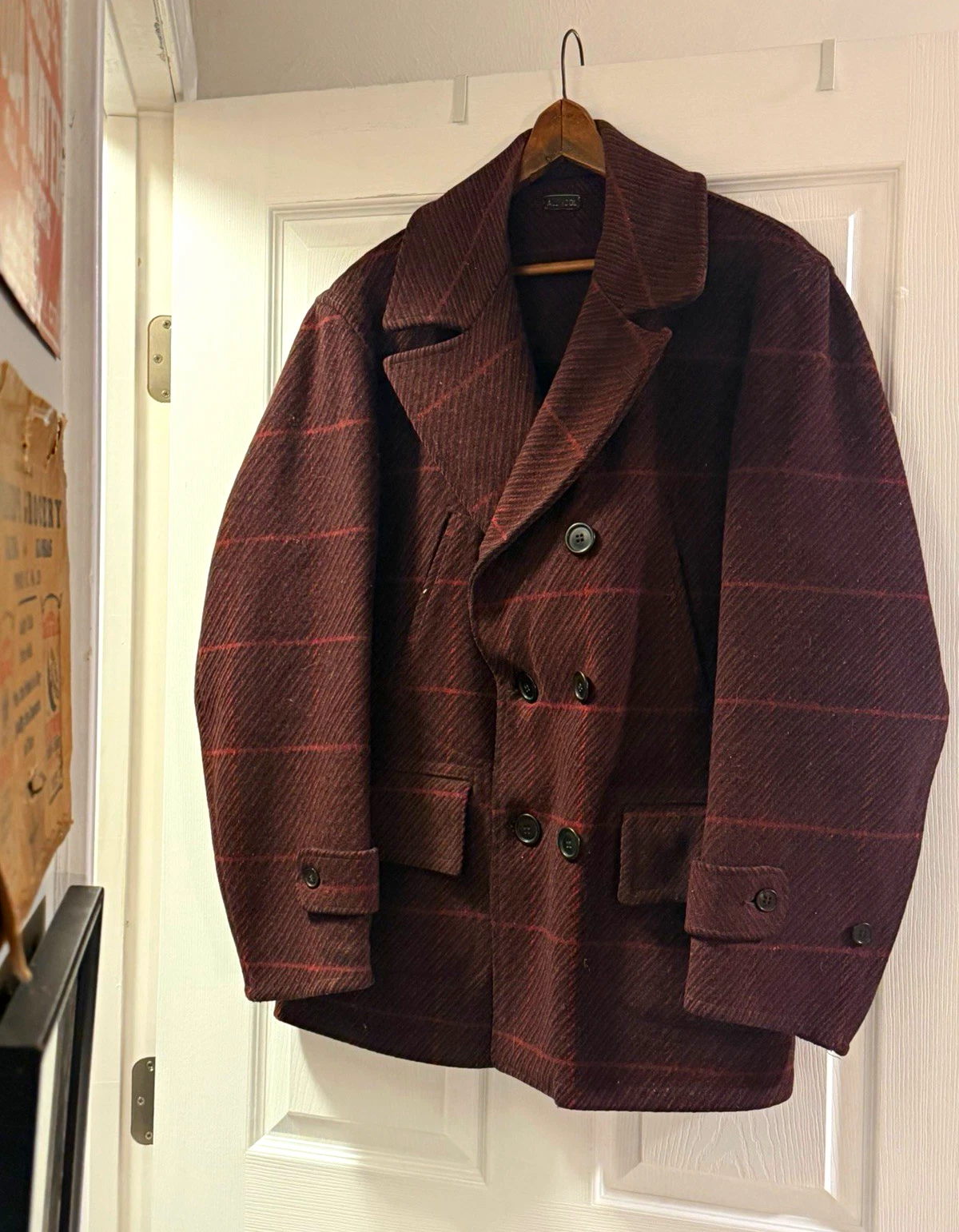 Very rare 1930s red Shadow plaid wool peacoat size L image 1