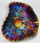 Dugan Dogwood Sprays Tri-Corner Bowl Electric Blue Amethyst Carnival Glass