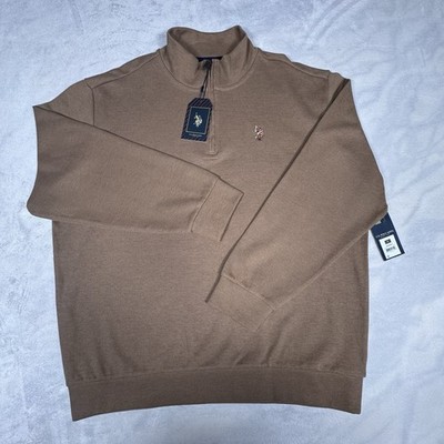 U.S. Polo Assn Quarter Zip Sweater Mens 2XL Tan Cotton Blend Pullover Pony Logo