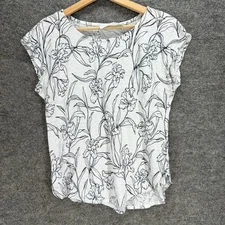 Cynthia Rowley T-Shirt Women L Large Gray Floral Short Sleeve Linen Casual