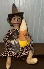 Primitive  Folk Art good   WITCH  hand made by me  Halloween cat Candy corn 