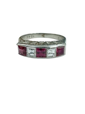 Estate 3/4 ct Genuine VS Asscher Diamonds & Rubies Five Stone Band Ring Platinum
