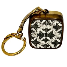 Vintage Sankyo Music Box Keychain - Mid-Century White-Black Design Gold Case