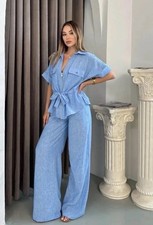 Zara Linen Blend Safari Shirt and Wide Leg Trousers Size M Blue Co Ord 2273/996