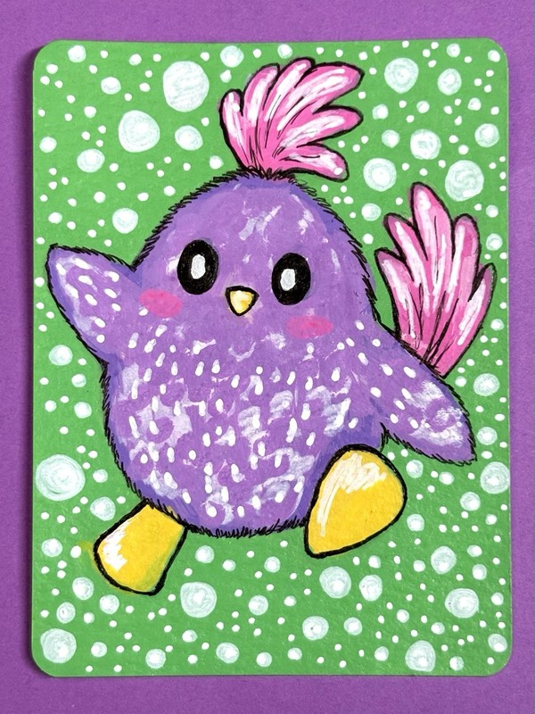 ACEO Art Card Cold Press Original Chicken  2.5in x 3.5in Murasaki  blind artist