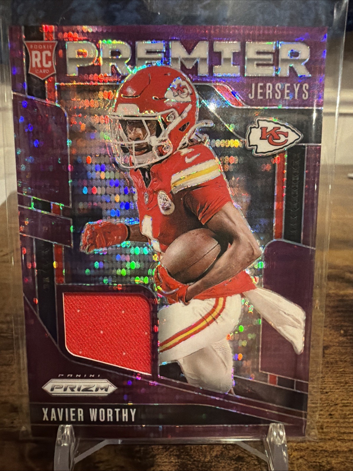 2024 Panini Prizm Premier Jerseys Xavier Worthy Purple Pulsar #PJ-XWY (MEM, RC)