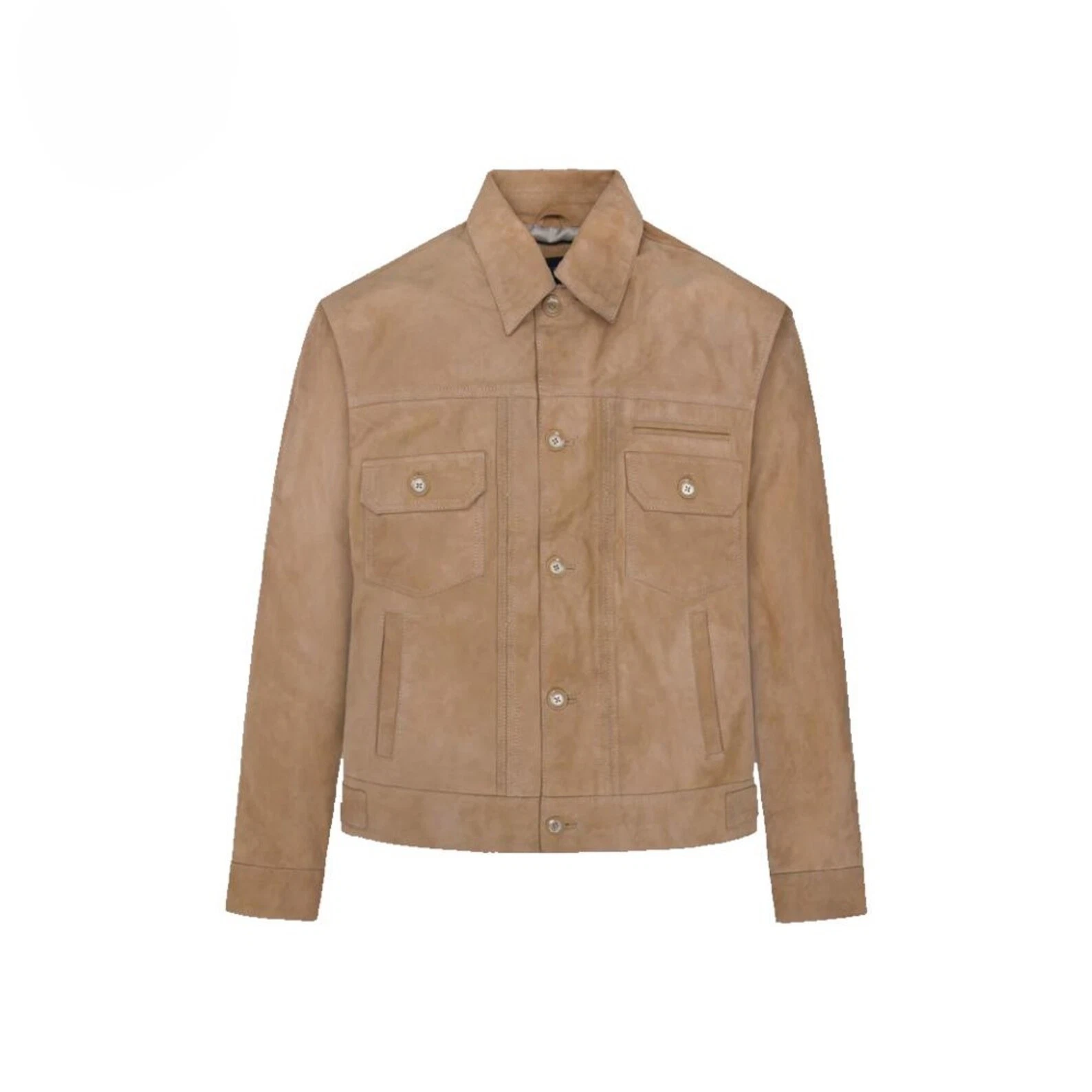 Men's Beige Suede Leather Trucker Jacket Button Up Western Style Casual Coat