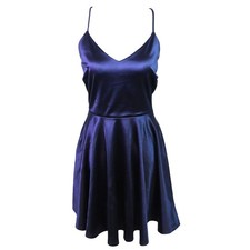 Windsor Navy Blue Satin Silky Slip Dress Mini Strappy V Neck Fit & Flare Medium
