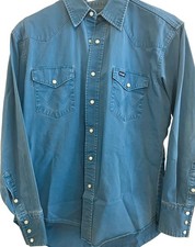 Vtg 90s DISTRESSED Wrangler Brushpopper Shirt Blue Pearl Snap Western S/M