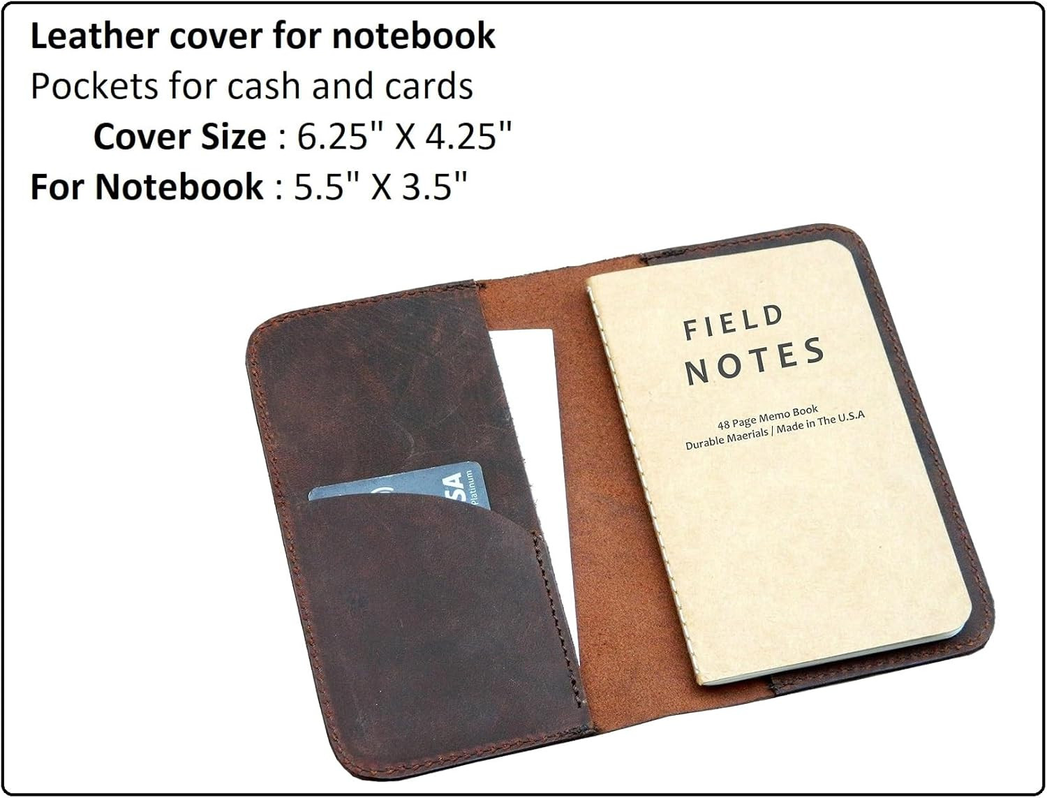 Leather Journal Cover for Field Notes Small Pocket Size Notebook Brown