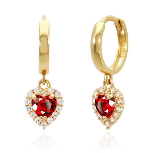 14K Yellow Gold Halo Heart Birthstone CZ Huggie Earrings - Picture 7 of 61