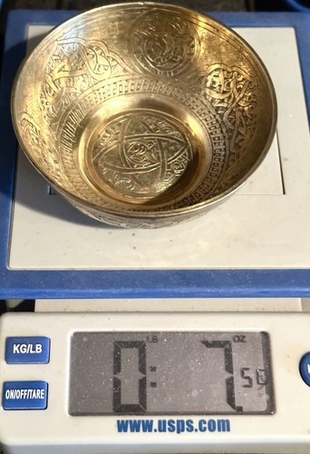 Ciotola Piatto Vintage Medio Oriente Incisa Ottone Bronzo Oro Dorato Decorazione - Foto 8 di 8