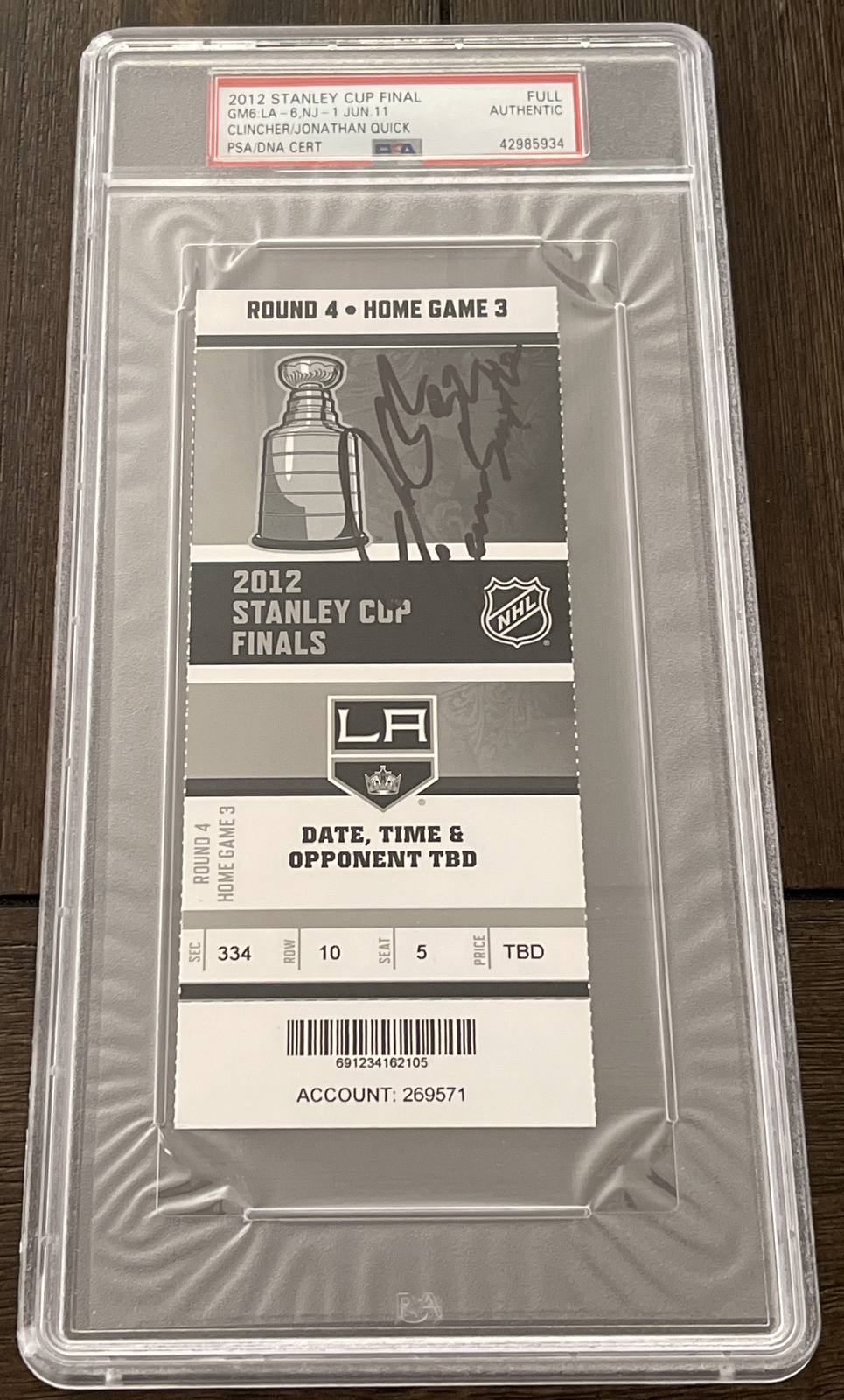 Jonathan Quick Autographed Signed Los Angeles Kings INSC KINGS 2012 STANLEY CUP CLINCHING GAME 6 STUB PSA/DNA 