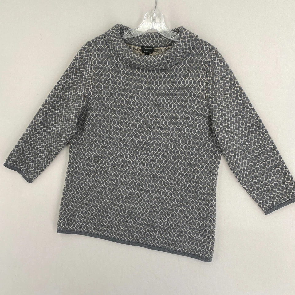 Suéter Talbots Pura Lana Merino Cuello Enrollado Top Talla Grande Gris Geométrico Foto 3 de 4