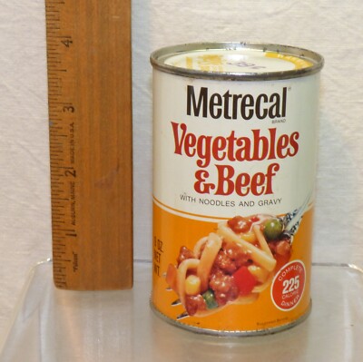 Vintage METRECAL Vegetables & Beef Dinner EMPTY 9 oz Tin CAN Advertising 39 Cent