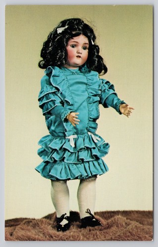 Antique German Bisque Doll Ruffled Blue Dress Marked CM Bergman Postcard
