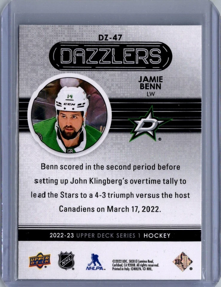 Jamie Benn 2022-23 Upper Deck Series 1 Blue Dazzlers #DZ-47 (Stars) - Image 2 of 2