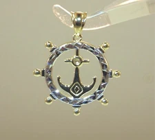 19.5MM 2-TONE SOLID 14K YELLOW GOLD DIAMOND CUT DC SHIP'S WHEEL ANCHOR PENDANT