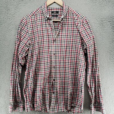 Hugo Boss Slim Fit Dress Shirt Mens M Red Gray Gingham Check Renzo 42" |  eBay