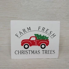 New* "Farm Fresh Christmas Trees" Red Truck Wood Block Sign Decor Tier Tray 