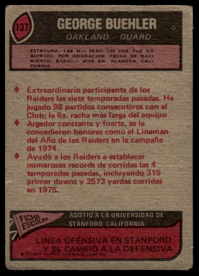 1977 Topps Mexican #137 George Buehler - Image 2 of 2