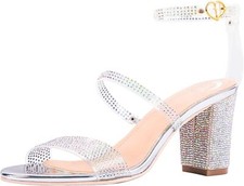 Rhinestone Chunky Heels: Open Toe, Ankle Strap, Transparent Silver- Size 6
