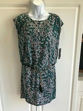 NEW Women's AB Studio Shift Dress Size Small Green/White/Black Festive w/Belt