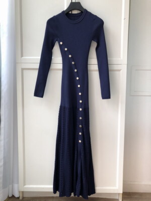 knitting dress single breasted Saashi Elegant Knitted Patchwork Midi Dress, Single Breasted Fashion f