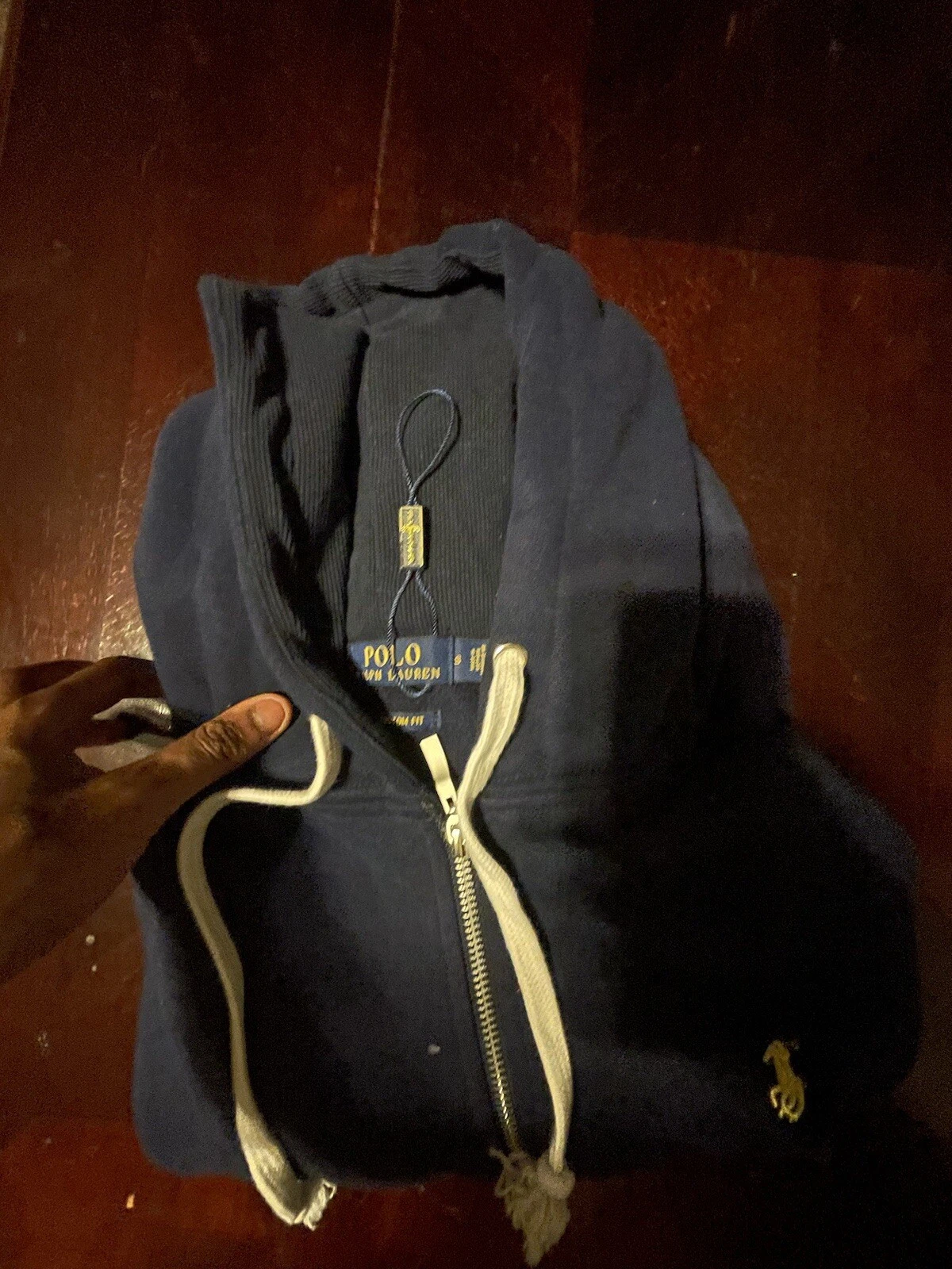 Polo Ralph Lauren Waffle Knit Hoodie Full Zip Jacket Navy Yellow Pony Mens Small