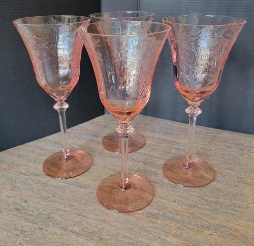 4 ~ Depression Lotus Elegant Wine Glasses Pink Goblet Revere Etched Glastonbury