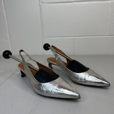 Clergerie Paris Size 39 Silver Metallic Leather Slingback Kitten Heels
