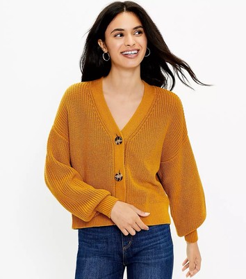 100% Cotton LOFT Cropped Cardigan Mustard Yellow Women s Large MSRP $64.95