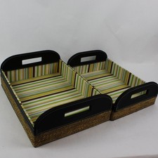 Set of 2 Woven Storage Baskets Striped Lining Black Handles