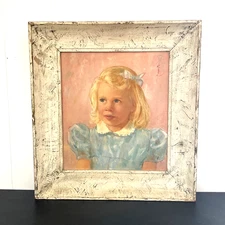 Mid Century Blond Girl Portrait Painting 23x25" Signed Framed Vintage 1B