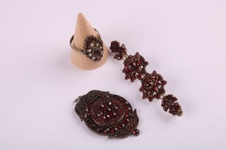 Antique Silver Bohemian Garnet Faux Pearl Ornate Brooch Pendant Ring x3 25.05