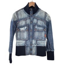 Vintage USA Made 7 For All Mankind Y2K Denim Bomber Jacket M Blue Indie Grunge