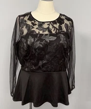 Ashley Stewart Black Sheer Mesh Floral Peplum Top 22/24W Whimsygoth Fairy Grunge