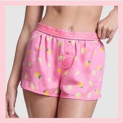 PINK Victoria s Secret Silky Boxy Pajama Shorts Pink Lemons Size LARGE