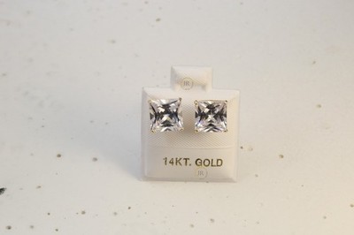 14K Solid Gold Earrings · Clear Square-Cut Cubic Zirconia · 8 mm.