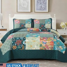 Bohemian Patchwork Quilt Set Soft Lightweight Bedspread W/ Pillow Shams New