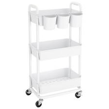 3-Tier Plastic Rolling Storage Cart Utility Cart with Extra Hanging Cups Hand...