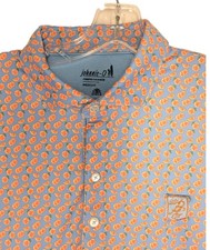 Johnnie O Performance Polo Shirt Mens Medium Blue Orange Citrus Print UPF 50